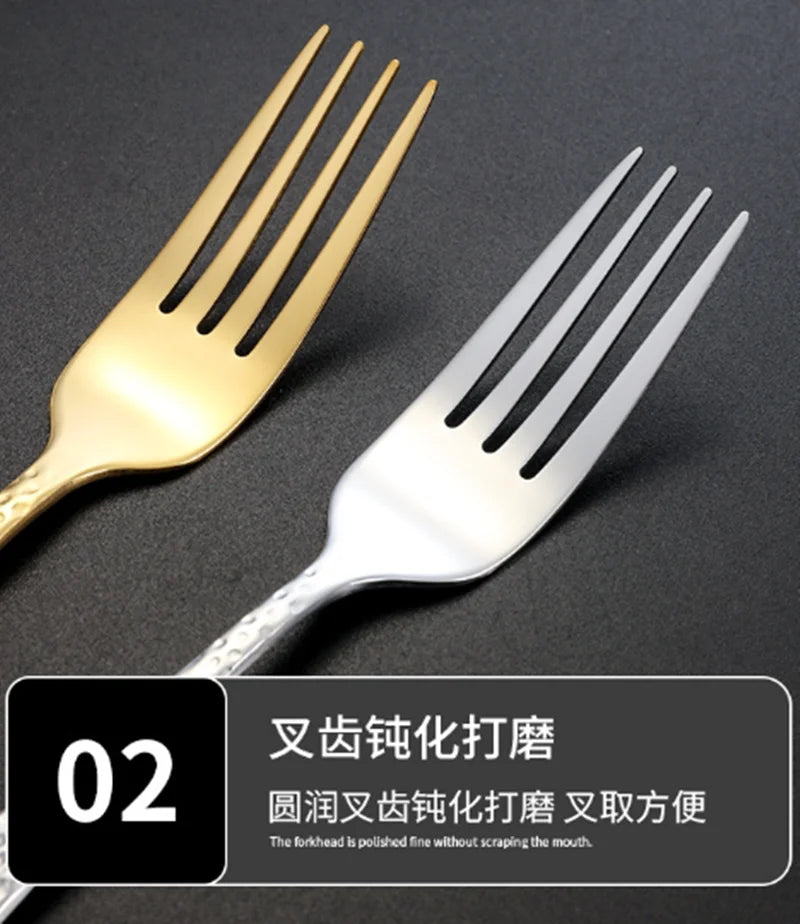 Gold Plated Stainless Steel Cutlery Sets Hotel Decorative Tableware Knife Fork Spoon Tespoon Hammered Utensils for Kitchen