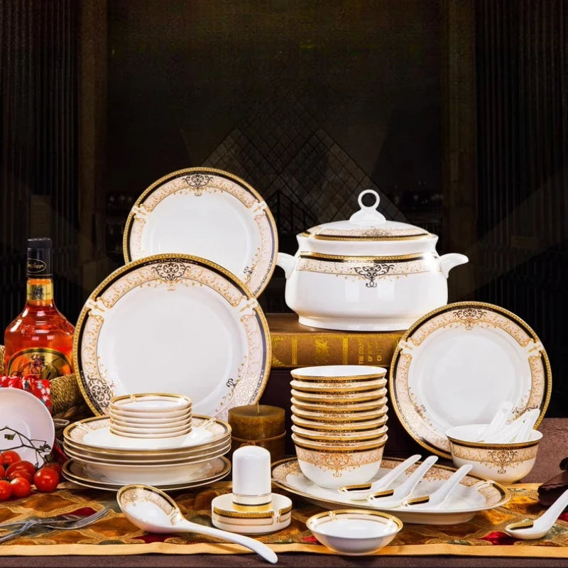 Luxury Ceramic Modern Dinnerware Set Microwaveable Gold Elegant European Style Wedding Dinnerware Party Hotel Vaisselle Gift