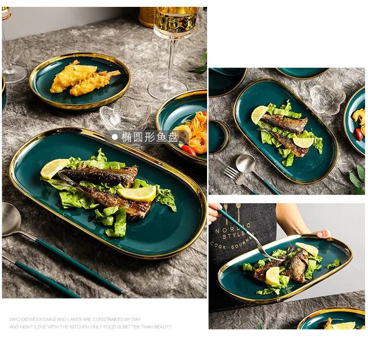 Luxury Forest Green Ceramic Dinnerware Set Include Shallow Plates Rice Soup Bowls Fish Dish And Spoon