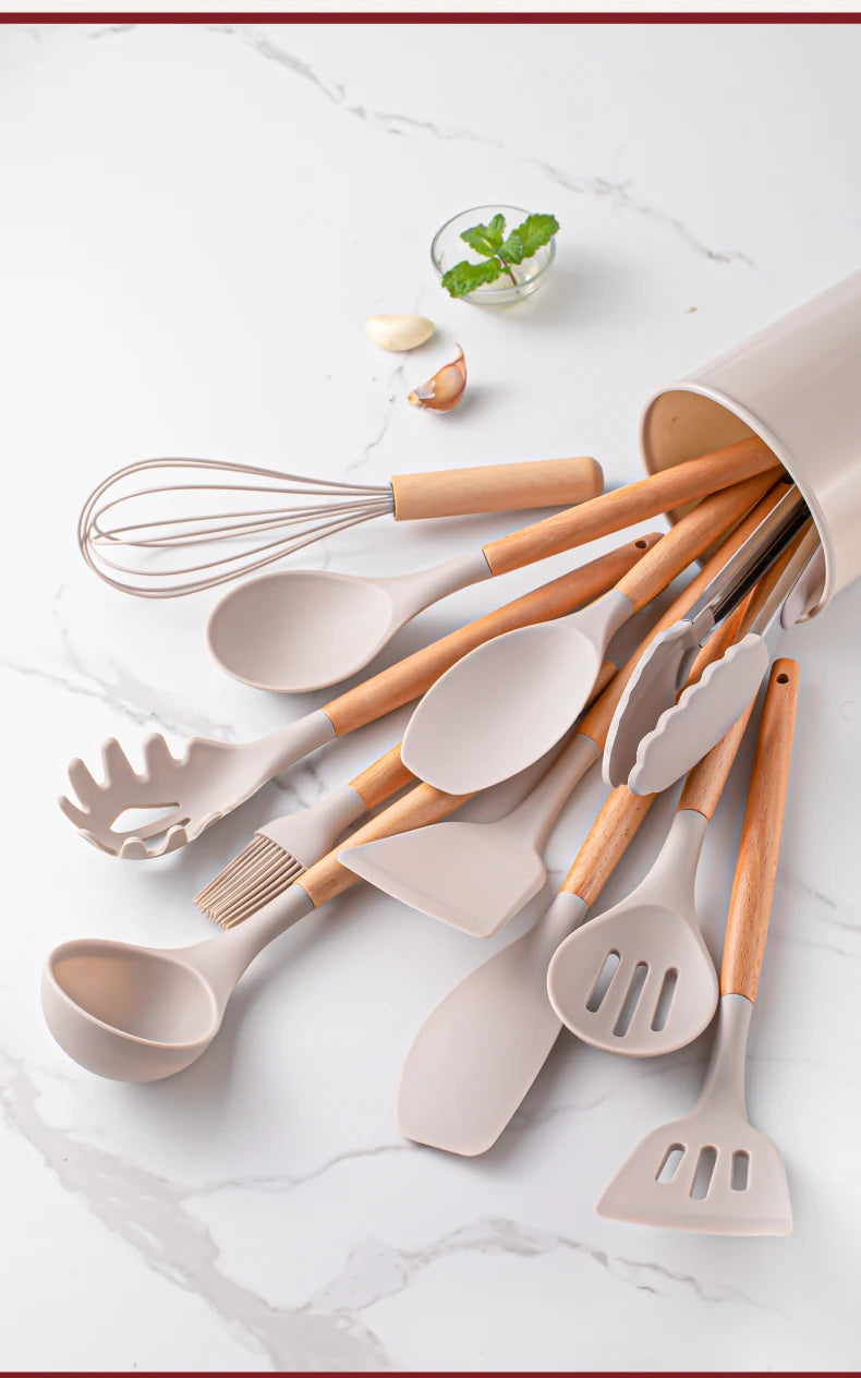12pcs, Silicone Utensil Set, Khaki Kitchen Utensil Set With Wooden Handle, Safety Cooking Utensils Set, Non-Stick Kitchen Tools