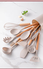 12pcs, Silicone Utensil Set, Khaki Kitchen Utensil Set With Wooden Handle, Safety Cooking Utensils Set, Non-Stick Kitchen Tools