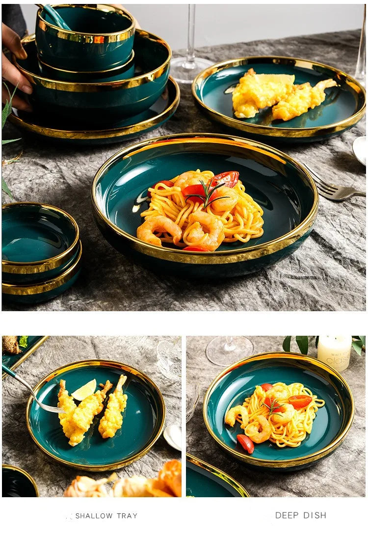 Luxury Forest Green Ceramic Dinnerware Set Include Shallow Plates Rice Soup Bowls Fish Dish And Spoon