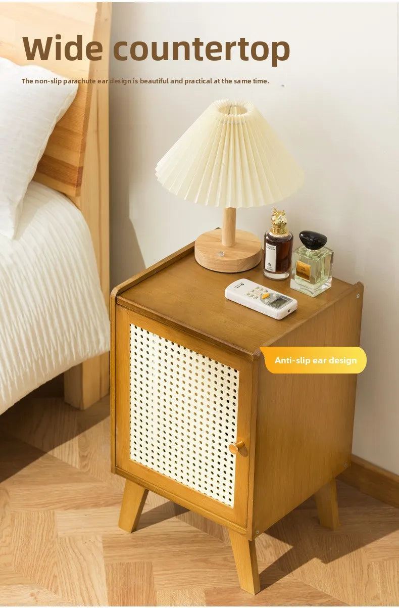 Solid wood bedside table Small apartment sofa side cabinet Rattan edge few storage locker corner few small cabinets
