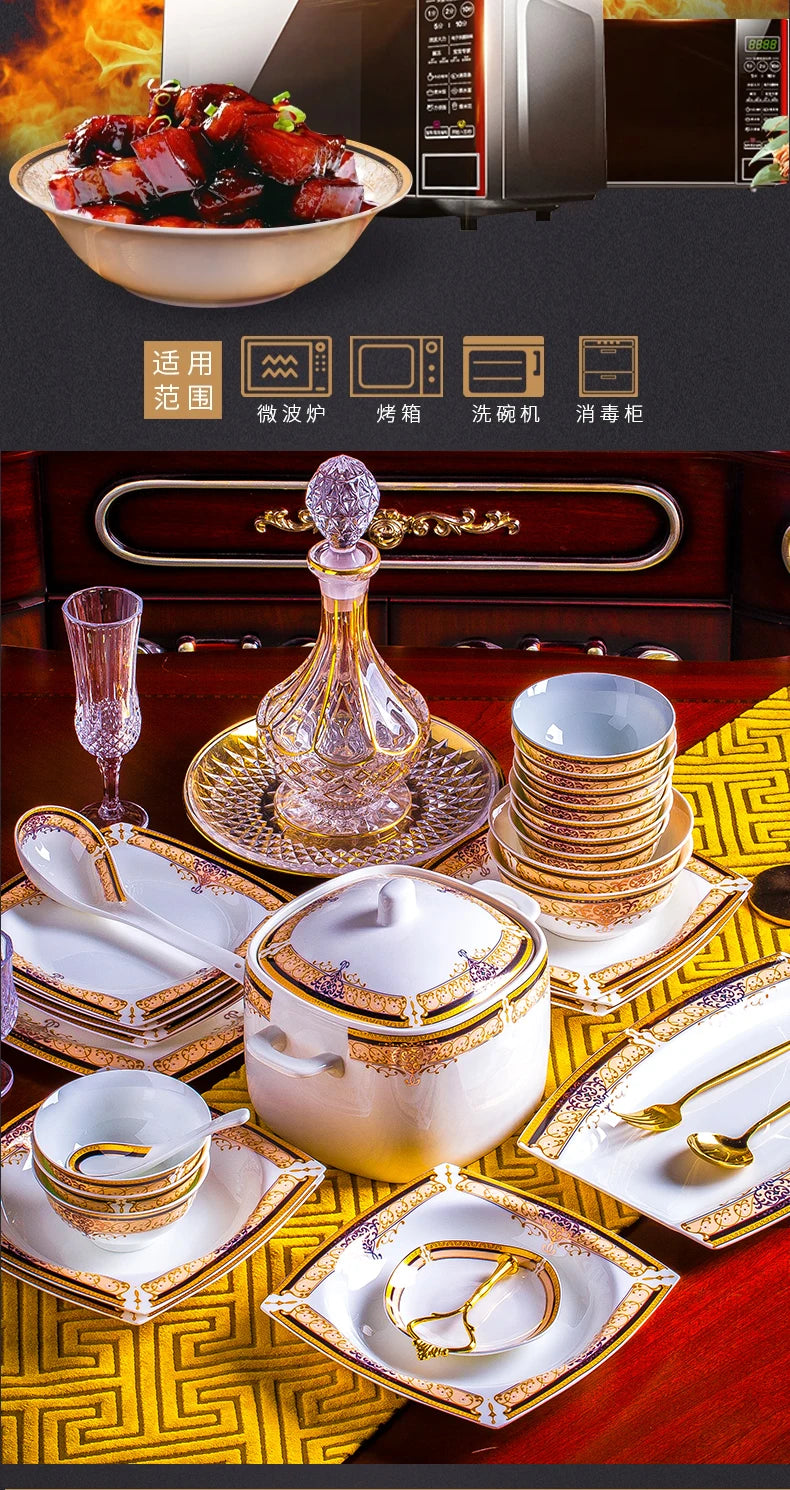 Luxury Ceramic Modern Dinnerware Set Microwaveable Gold Elegant European Style Wedding Dinnerware Party Hotel Vaisselle Gift