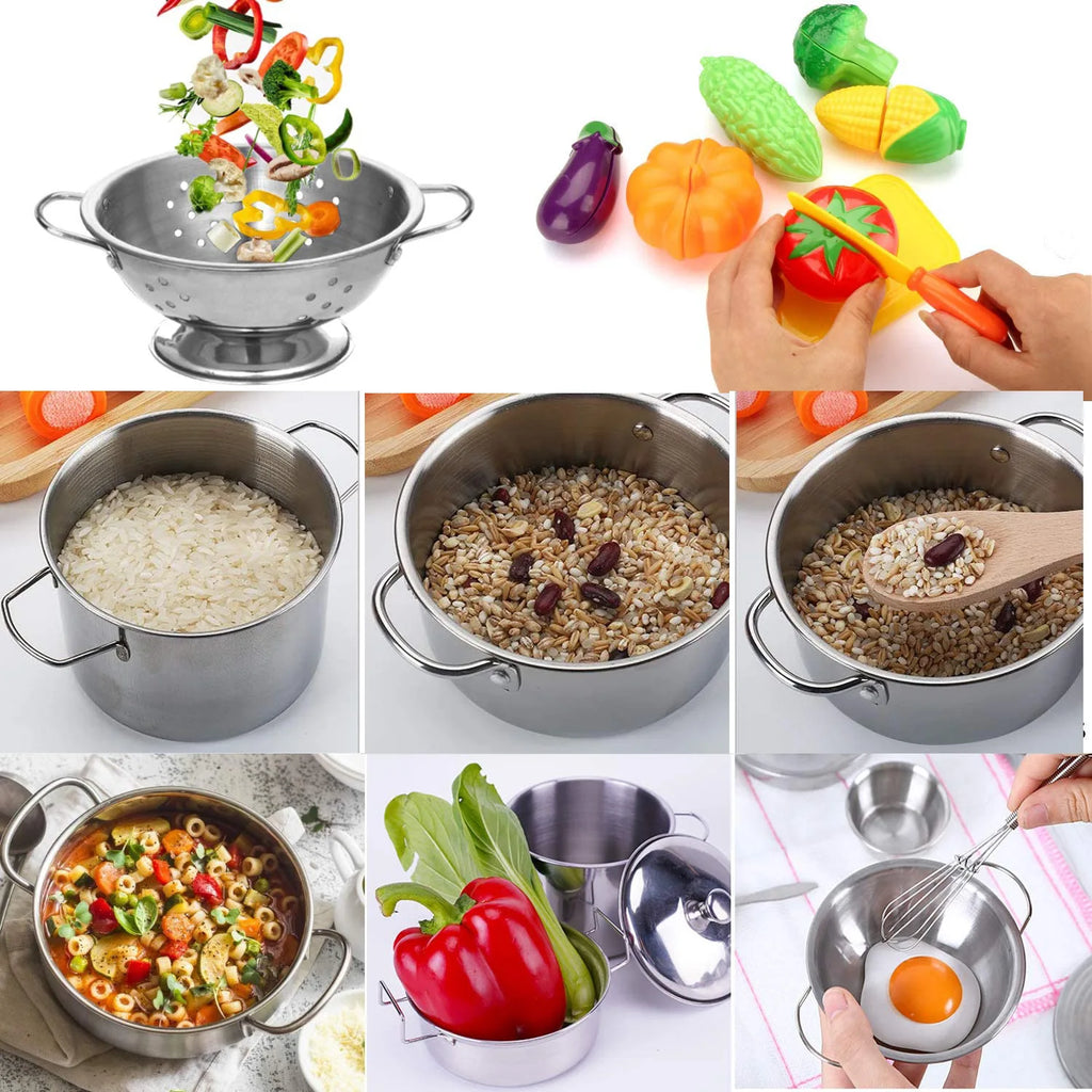 Kids Toy Pots and Pans Toys - Kitchen Play Set Pretend Cookware Mini Stainless Steel Cooking Utensils Development Toys
