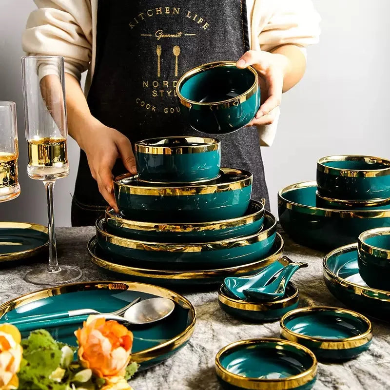 Luxury Forest Green Ceramic Dinnerware Set Include Shallow Plates Rice Soup Bowls Fish Dish And Spoon
