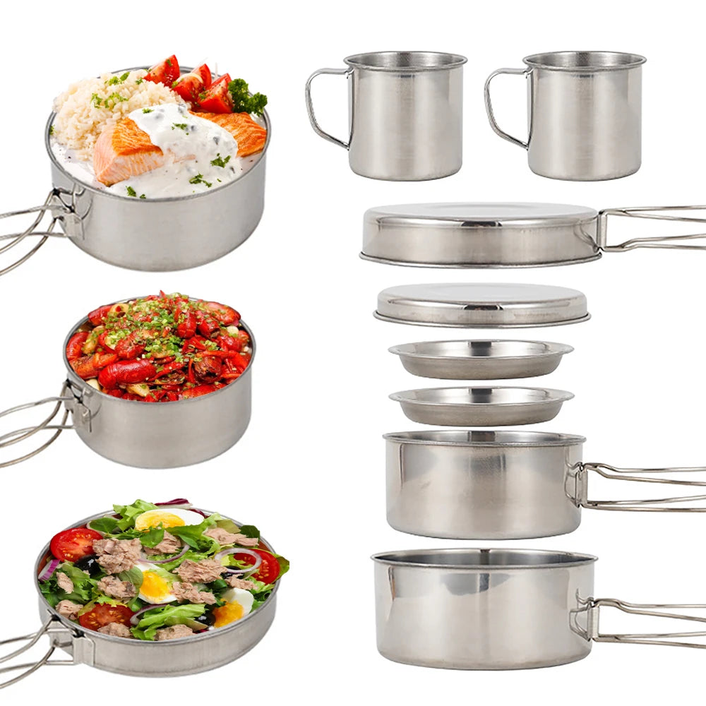 8pcs/Set Camping Cookware Mess Kit Stainless Steel Cooking Pot and Pan Set with Plates Cups for Outdoor Hiking Backpacking