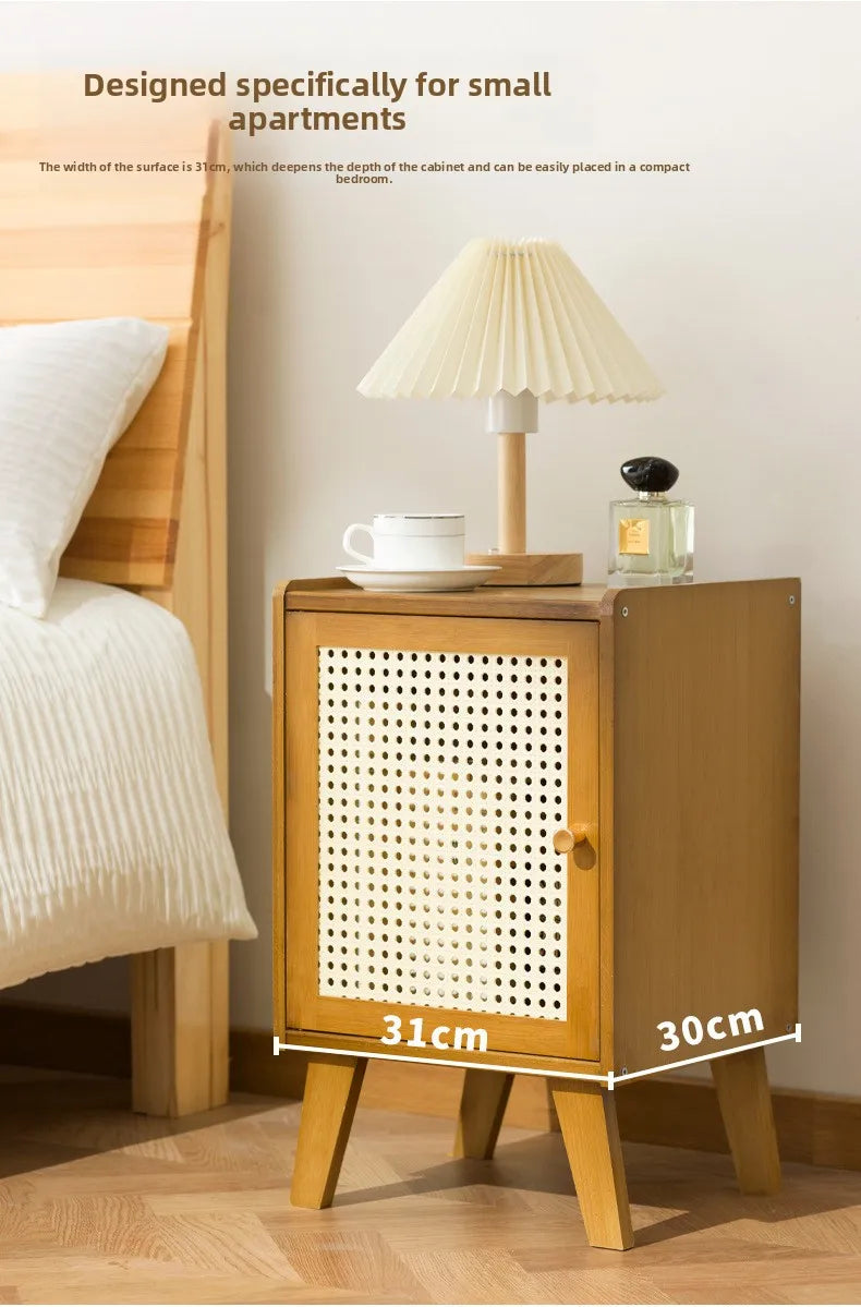 Solid wood bedside table Small apartment sofa side cabinet Rattan edge few storage locker corner few small cabinets