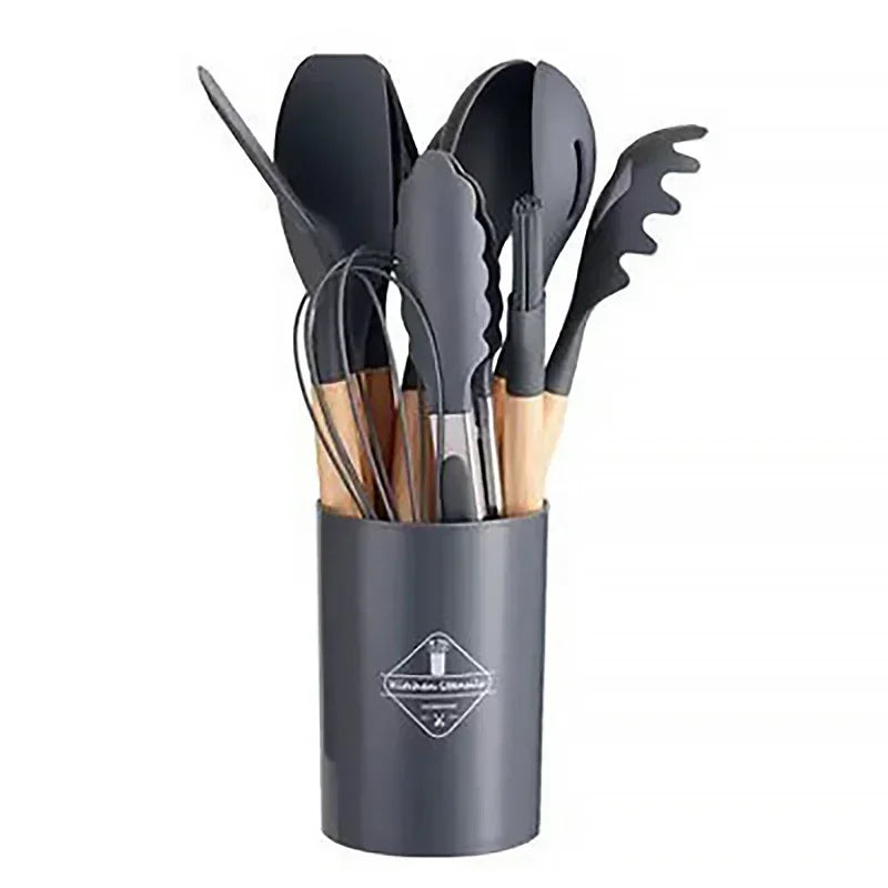 Silicone Kitchen Utensils Set with Wooden Handle Non-stick Kitchen Utensils Spade Shovel Egg Cookware Blenders 12 Uds