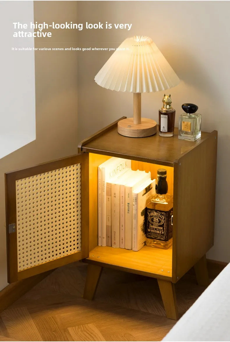 Solid wood bedside table Small apartment sofa side cabinet Rattan edge few storage locker corner few small cabinets