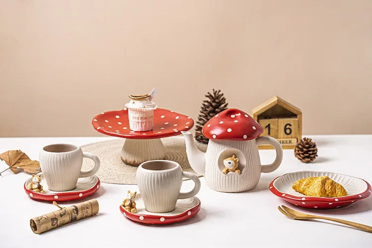 Red Mushroom ceramic Coffee Mug Dinner Plates Noodle Bowls Salad Bowls Teapot Cakepan Afternoon Tea Party Gift for Girl