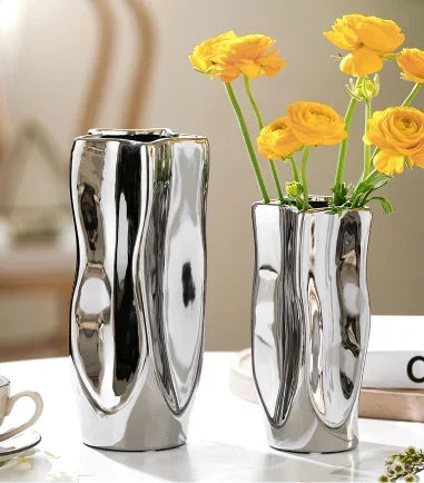 Ceramic Vase Flower Luxury Electroplated Silver Arrangement Irregular Porcelain Hydroponic Vase Ornament Interior Art Decoration