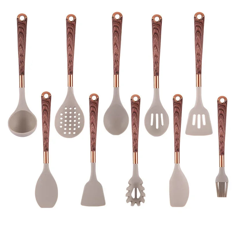 Kitchen Utensils Silicone Cooking Utensils Kitchenware, Gold-plated Wood Grain Handle, Spatula, SpoonsCooking Pots Set