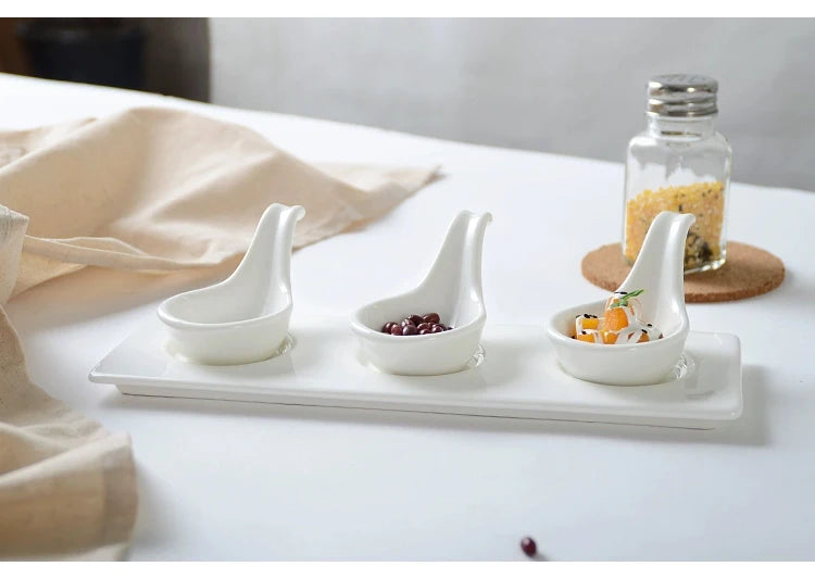 European Ceramic Tableware White Spoon Bowl Caviar Snack Plate Fruit Platter Restaurant Kitchen Ceramic Tableware Bowl Plate Set