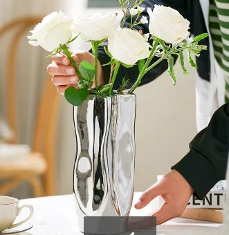 Ceramic Vase Flower Luxury Electroplated Silver Arrangement Irregular Porcelain Hydroponic Vase Ornament Interior Art Decoration