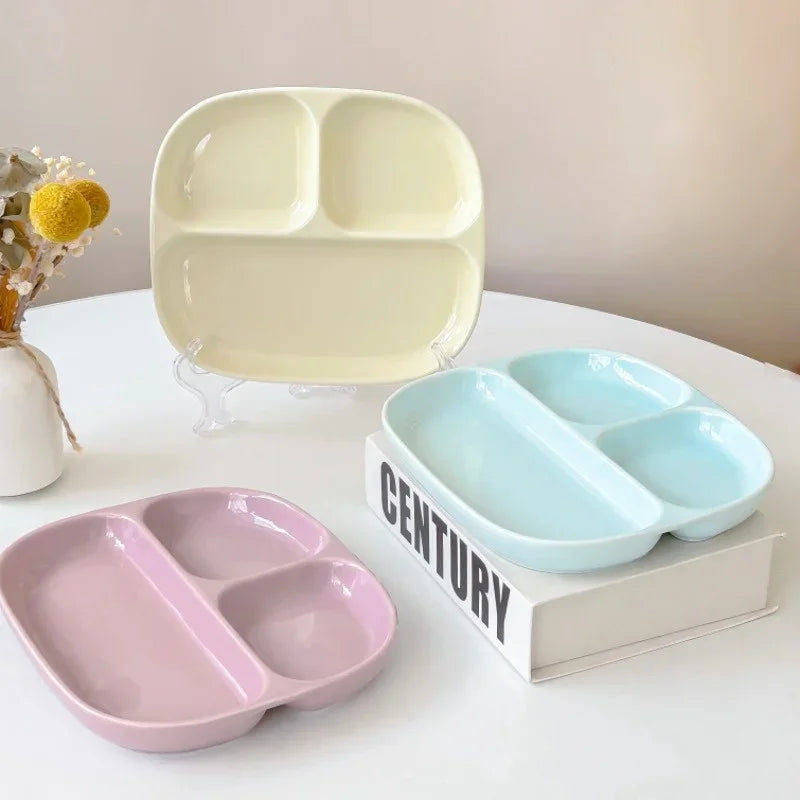 3Grid Ceramic Dinner Plates Solid Color Serving Dishes Salad Dinnerware Dining Compartment Plate Kitchen Eco-friendly Tableware