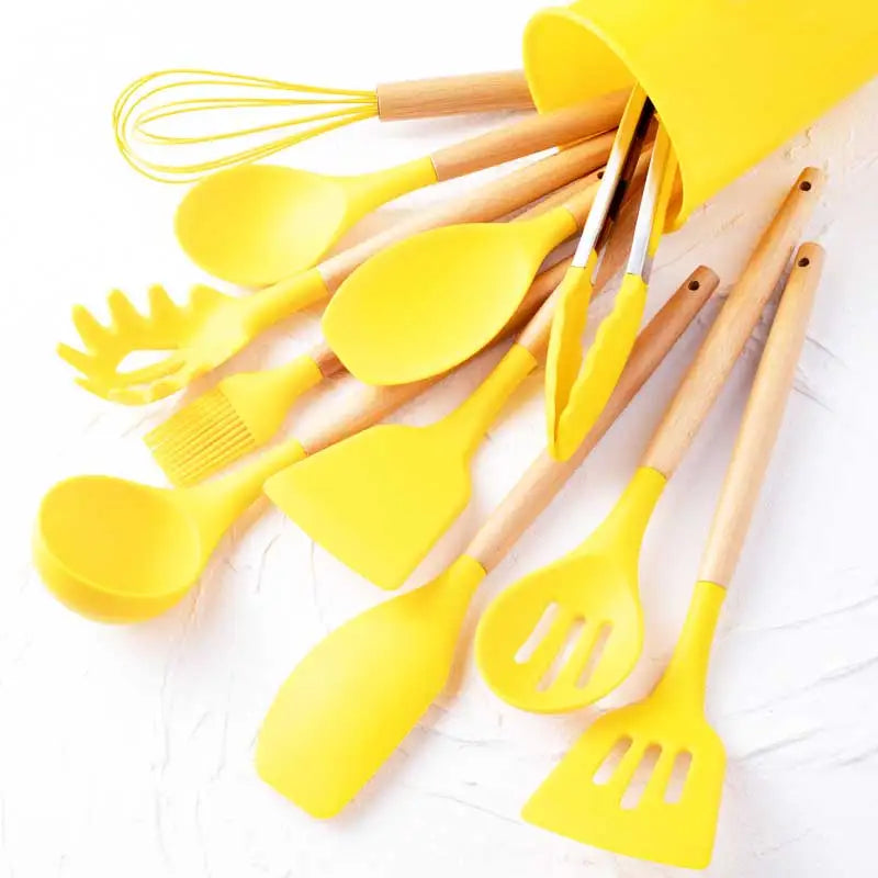 12pcs, Silicone Utensil Set, Khaki Kitchen Utensil Set With Wooden Handle, Safety Cooking Utensils Set, Non-Stick Kitchen Tools