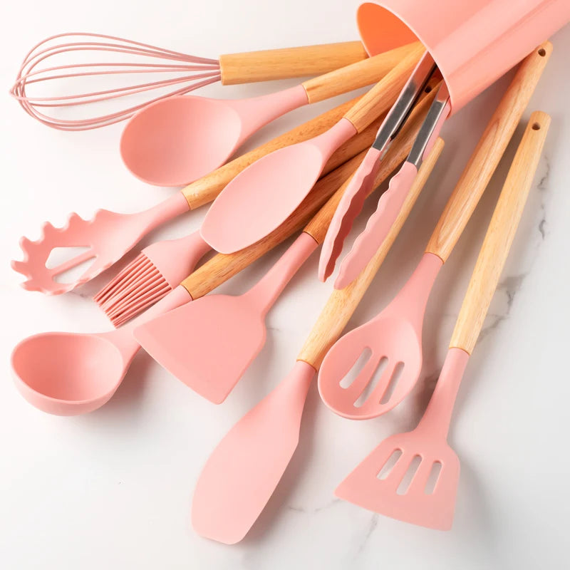 12pcs, Silicone Utensil Set, Khaki Kitchen Utensil Set With Wooden Handle, Safety Cooking Utensils Set, Non-Stick Kitchen Tools