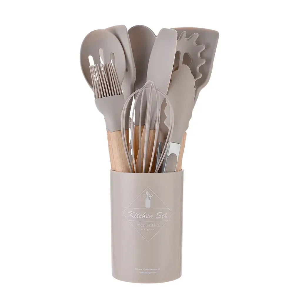 Silicone Kitchen Utensils Set with Wooden Handle Non-stick Kitchen Utensils Spade Shovel Egg Cookware Blenders 12 Uds