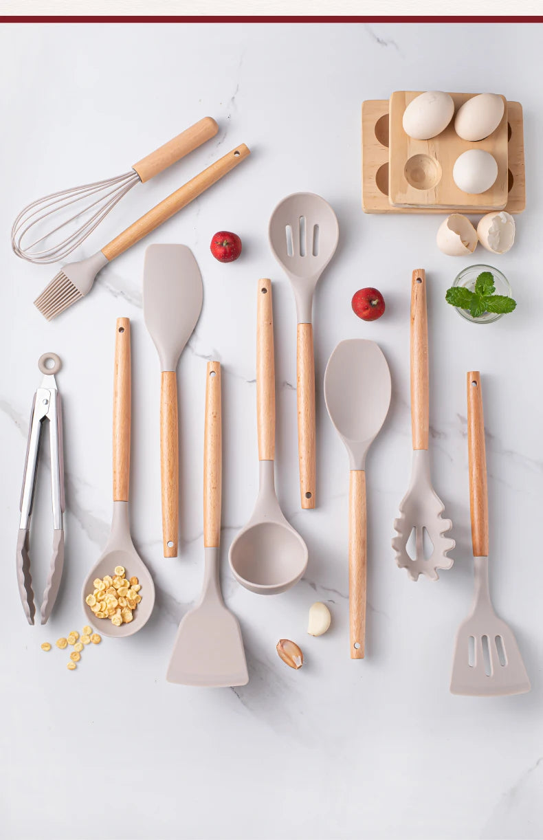 12pcs, Silicone Utensil Set, Khaki Kitchen Utensil Set With Wooden Handle, Safety Cooking Utensils Set, Non-Stick Kitchen Tools