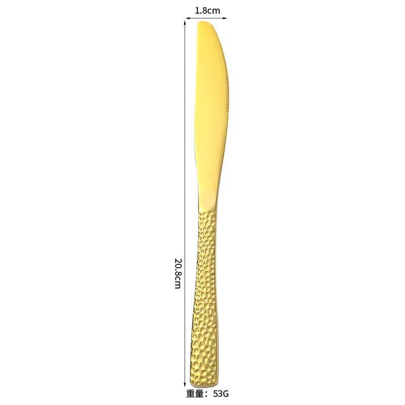 Gold Plated Stainless Steel Cutlery Sets Hotel Decorative Tableware Knife Fork Spoon Tespoon Hammered Utensils for Kitchen
