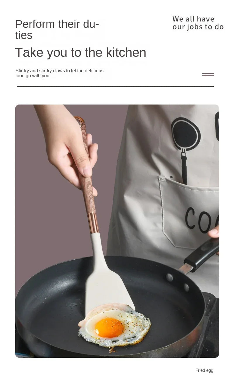 Kitchen Utensils Silicone Cooking Utensils Kitchenware, Gold-plated Wood Grain Handle, Spatula, SpoonsCooking Pots Set