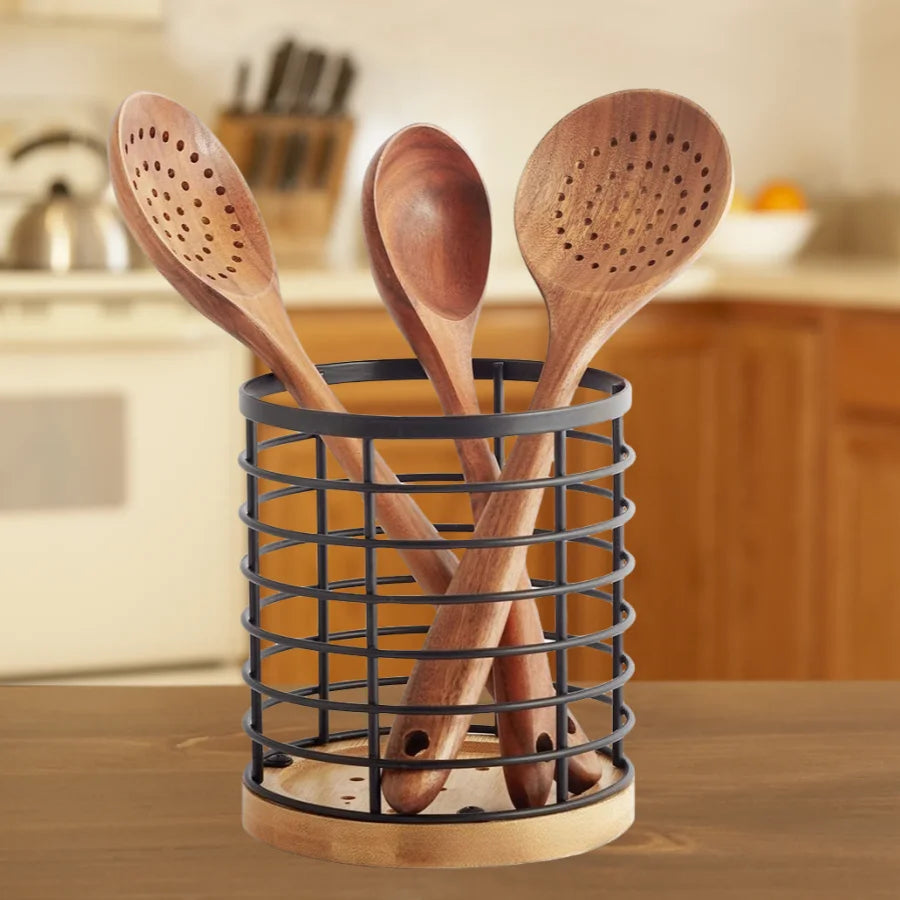 Kitchen Cooking Utensils Holder Versatile Cooking Utensil Organizer With Wooden Base for Spatula Spoon Chopstick Cutlery