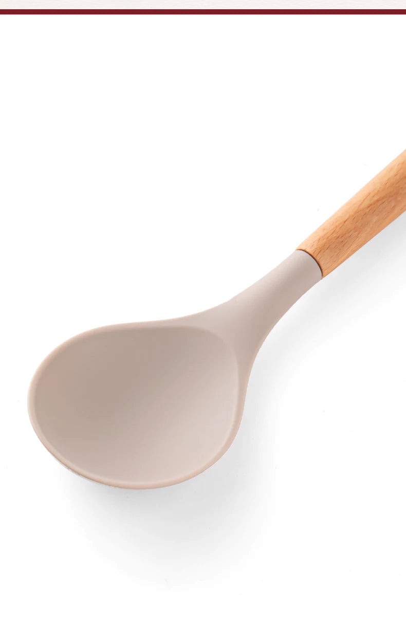 12pcs, Silicone Utensil Set, Khaki Kitchen Utensil Set With Wooden Handle, Safety Cooking Utensils Set, Non-Stick Kitchen Tools