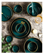 Luxury Forest Green Ceramic Dinnerware Set Include Shallow Plates Rice Soup Bowls Fish Dish And Spoon