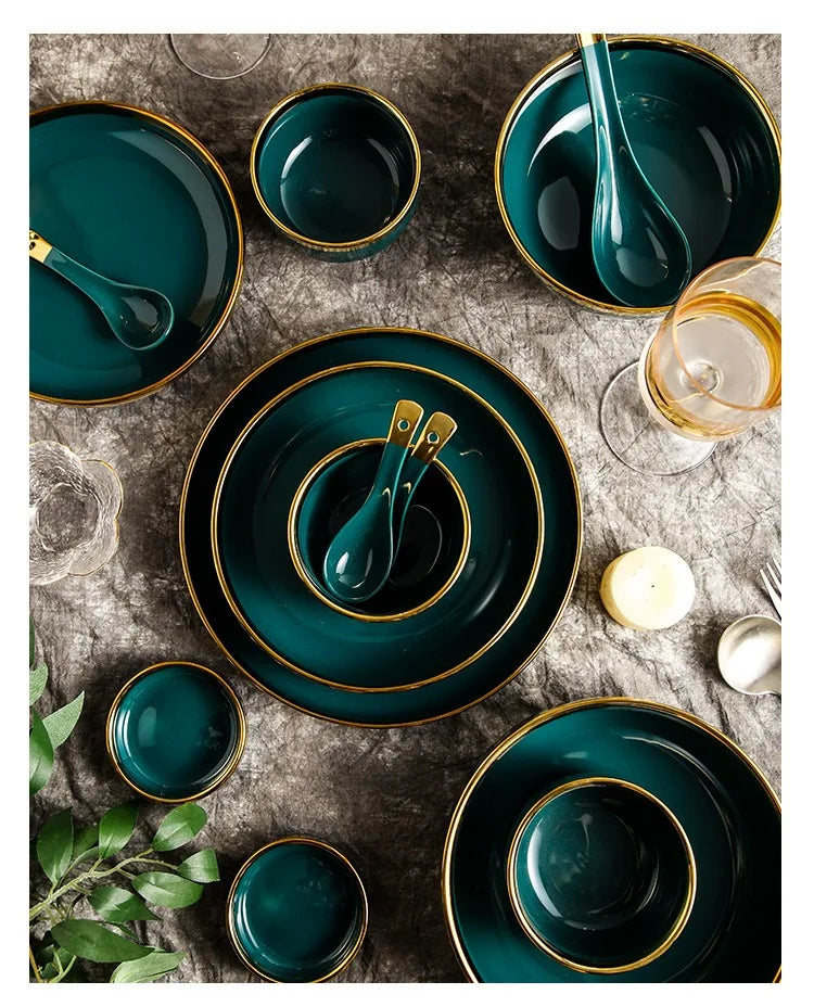 Luxury Forest Green Ceramic Dinnerware Set Include Shallow Plates Rice Soup Bowls Fish Dish And Spoon
