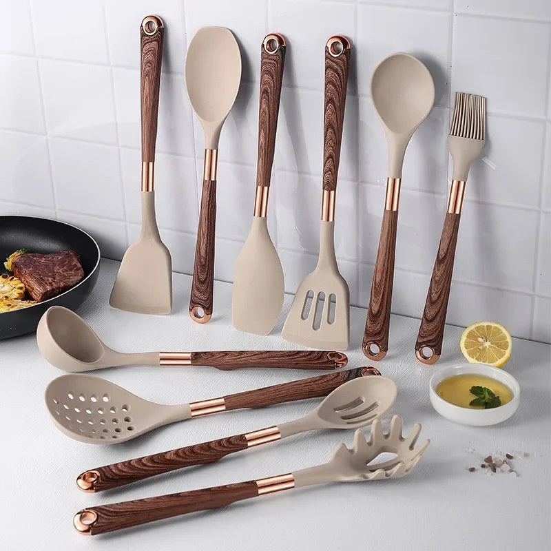 Kitchen Utensils Silicone Cooking Utensils Kitchenware, Gold-plated Wood Grain Handle, Spatula, SpoonsCooking Pots Set