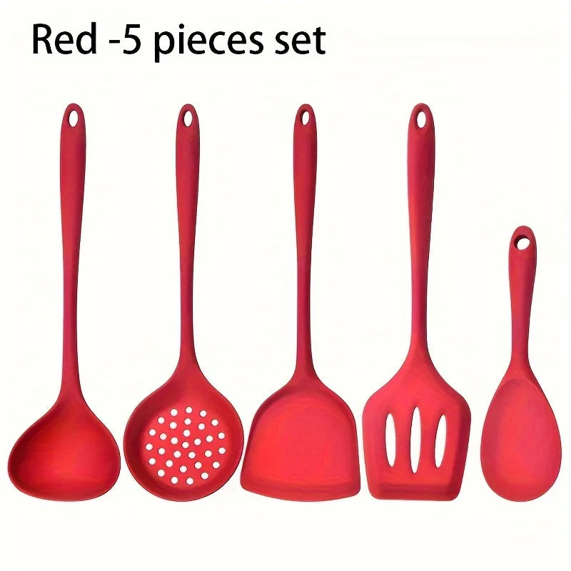 5pcs Silicone Kitchen Utensils Set,Non-Stick Cooking Tools, Including Turner, Spatula, Soup Spoon, Strainer, and Rice Paddle