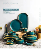 Luxury Forest Green Ceramic Dinnerware Set Include Shallow Plates Rice Soup Bowls Fish Dish And Spoon