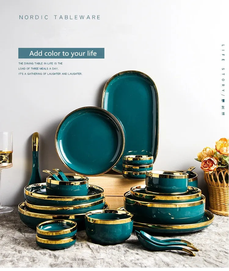 Luxury Forest Green Ceramic Dinnerware Set Include Shallow Plates Rice Soup Bowls Fish Dish And Spoon