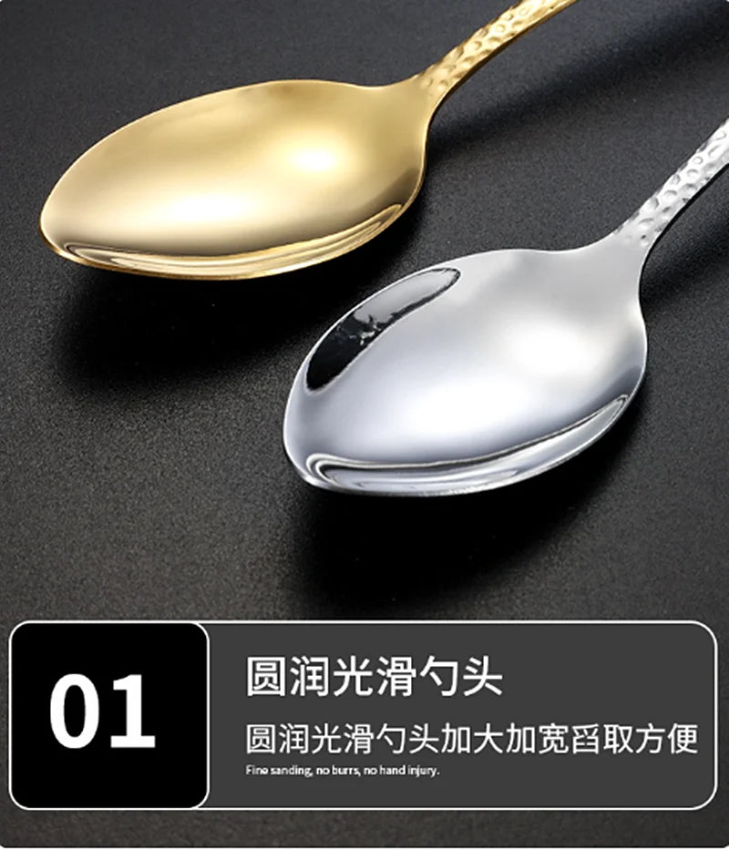 Gold Plated Stainless Steel Cutlery Sets Hotel Decorative Tableware Knife Fork Spoon Tespoon Hammered Utensils for Kitchen