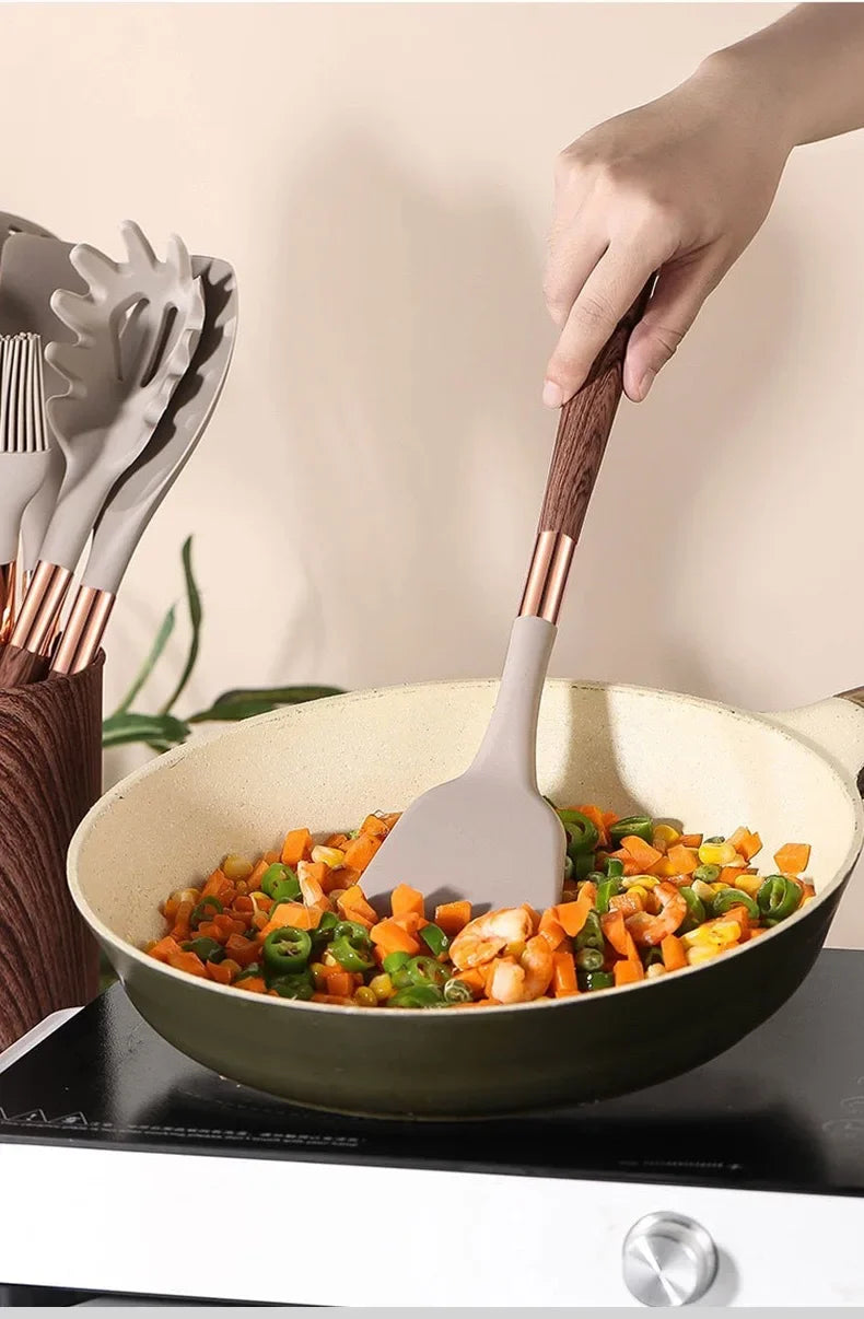 Kitchen Utensils Silicone Cooking Utensils Kitchenware, Gold-plated Wood Grain Handle, Spatula, SpoonsCooking Pots Set