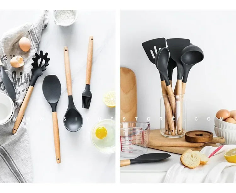 Silicone Kitchen Utensils Set with Wooden Handle Non-stick Kitchen Utensils Spade Shovel Egg Cookware Blenders 12 Uds
