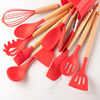 12pcs, Silicone Utensil Set, Khaki Kitchen Utensil Set With Wooden Handle, Safety Cooking Utensils Set, Non-Stick Kitchen Tools