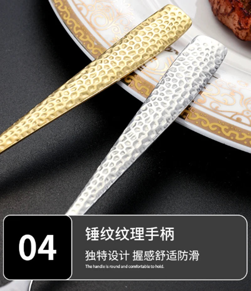 Gold Plated Stainless Steel Cutlery Sets Hotel Decorative Tableware Knife Fork Spoon Tespoon Hammered Utensils for Kitchen