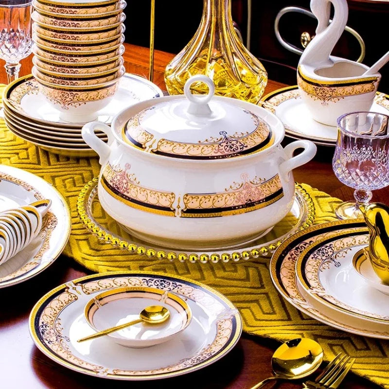 Luxury Ceramic Modern Dinnerware Set Microwaveable Gold Elegant European Style Wedding Dinnerware Party Hotel Vaisselle Gift