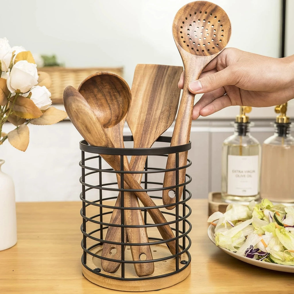 Kitchen Cooking Utensils Holder Versatile Cooking Utensil Organizer With Wooden Base for Spatula Spoon Chopstick Cutlery