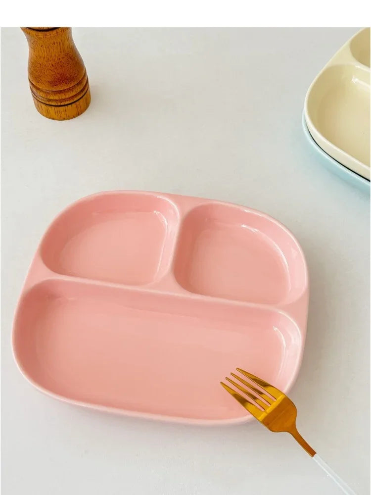 3Grid Ceramic Dinner Plates Solid Color Serving Dishes Salad Dinnerware Dining Compartment Plate Kitchen Eco-friendly Tableware