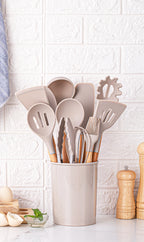 12pcs, Silicone Utensil Set, Khaki Kitchen Utensil Set With Wooden Handle, Safety Cooking Utensils Set, Non-Stick Kitchen Tools