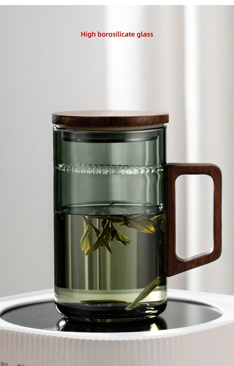 Household Portable Drinkware Transparent Glass Cup Wooden Handle Coffee Mug Kitchen Tea Making Cup Coffeeware Teaware