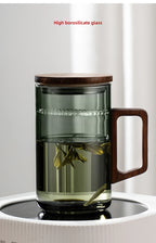 Household Portable Drinkware Transparent Glass Cup Wooden Handle Coffee Mug Kitchen Tea Making Cup Coffeeware Teaware