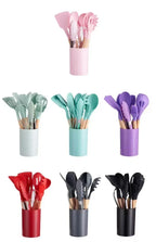 Silicone Kitchen Utensils Set with Wooden Handle Non-stick Kitchen Utensils Spade Shovel Egg Cookware Blenders 12 Uds