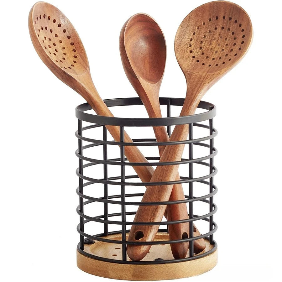 Kitchen Cooking Utensils Holder Versatile Cooking Utensil Organizer With Wooden Base for Spatula Spoon Chopstick Cutlery