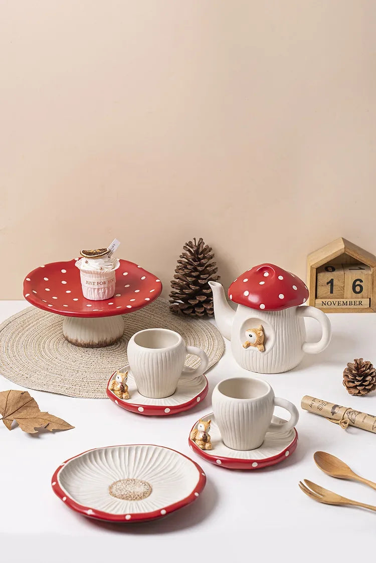 Red Mushroom ceramic Coffee Mug Dinner Plates Noodle Bowls Salad Bowls Teapot Cakepan Afternoon Tea Party Gift for Girl