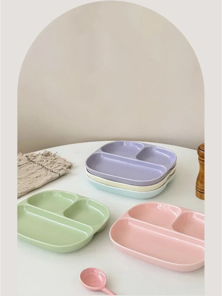 3Grid Ceramic Dinner Plates Solid Color Serving Dishes Salad Dinnerware Dining Compartment Plate Kitchen Eco-friendly Tableware
