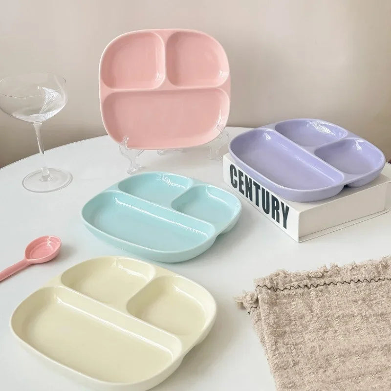 3Grid Ceramic Dinner Plates Solid Color Serving Dishes Salad Dinnerware Dining Compartment Plate Kitchen Eco-friendly Tableware